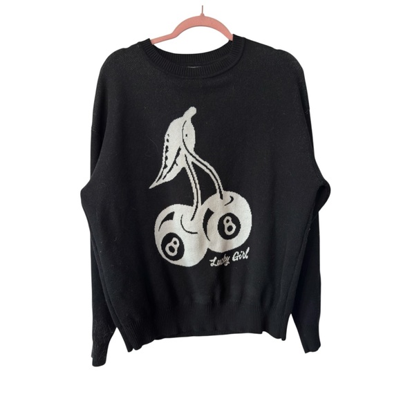 PacSun Black Knit Sweater with White Cherry Graphic Sz M (TXA963) - Picture 2 of 5